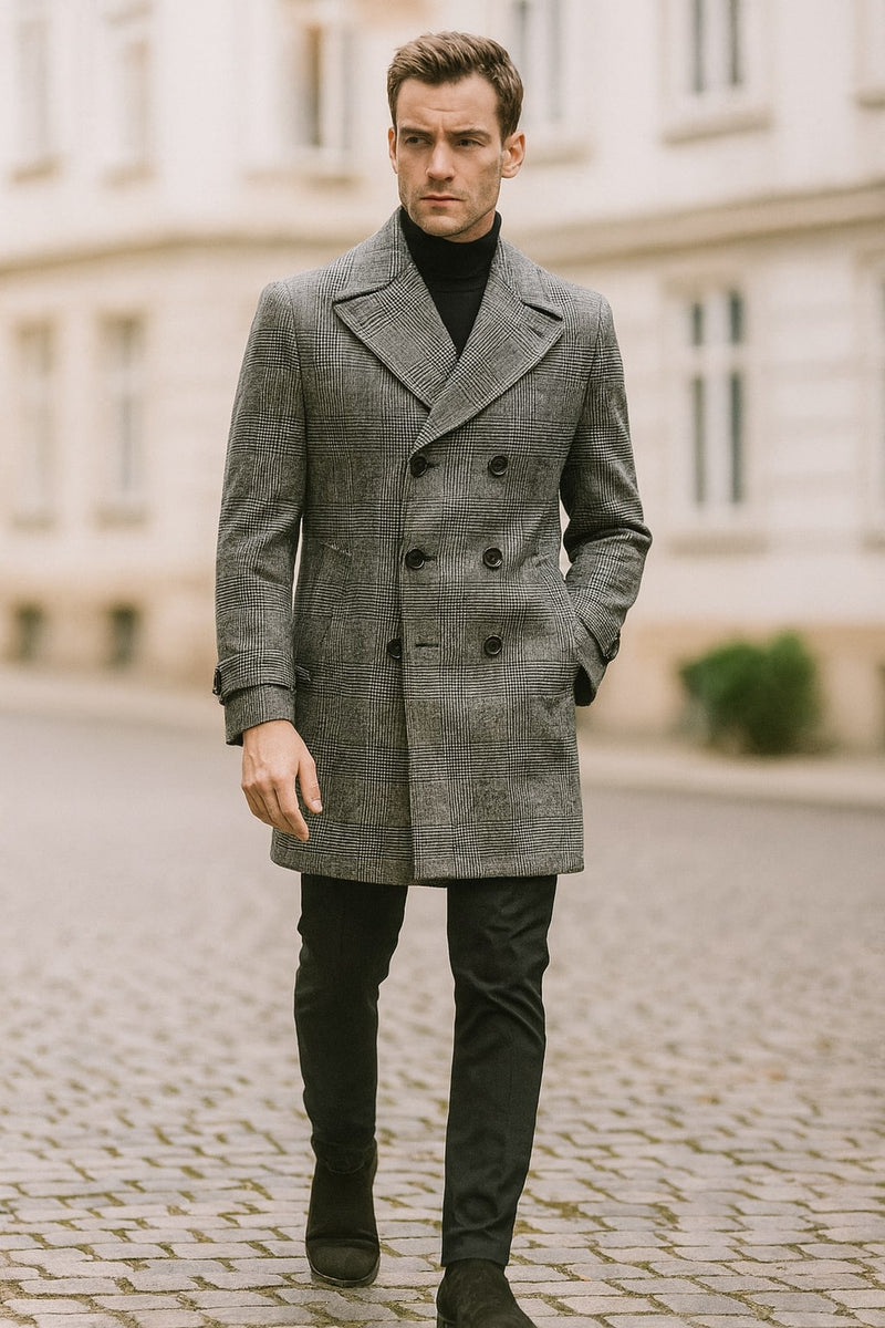 Men's grey plaid double-breasted overcoat with black faux fur collar. Tailored fit, textured fabric, visible buttons. Long sleeves with flared cuffs, mid-thigh length.