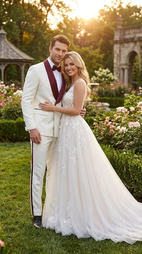 Ivory jacquard tuxedo suit with a tailored fit, single-breasted design, and burgundy shawl collar. Features side pockets and matching burgundy stripe pants. Elegant, textured pattern.