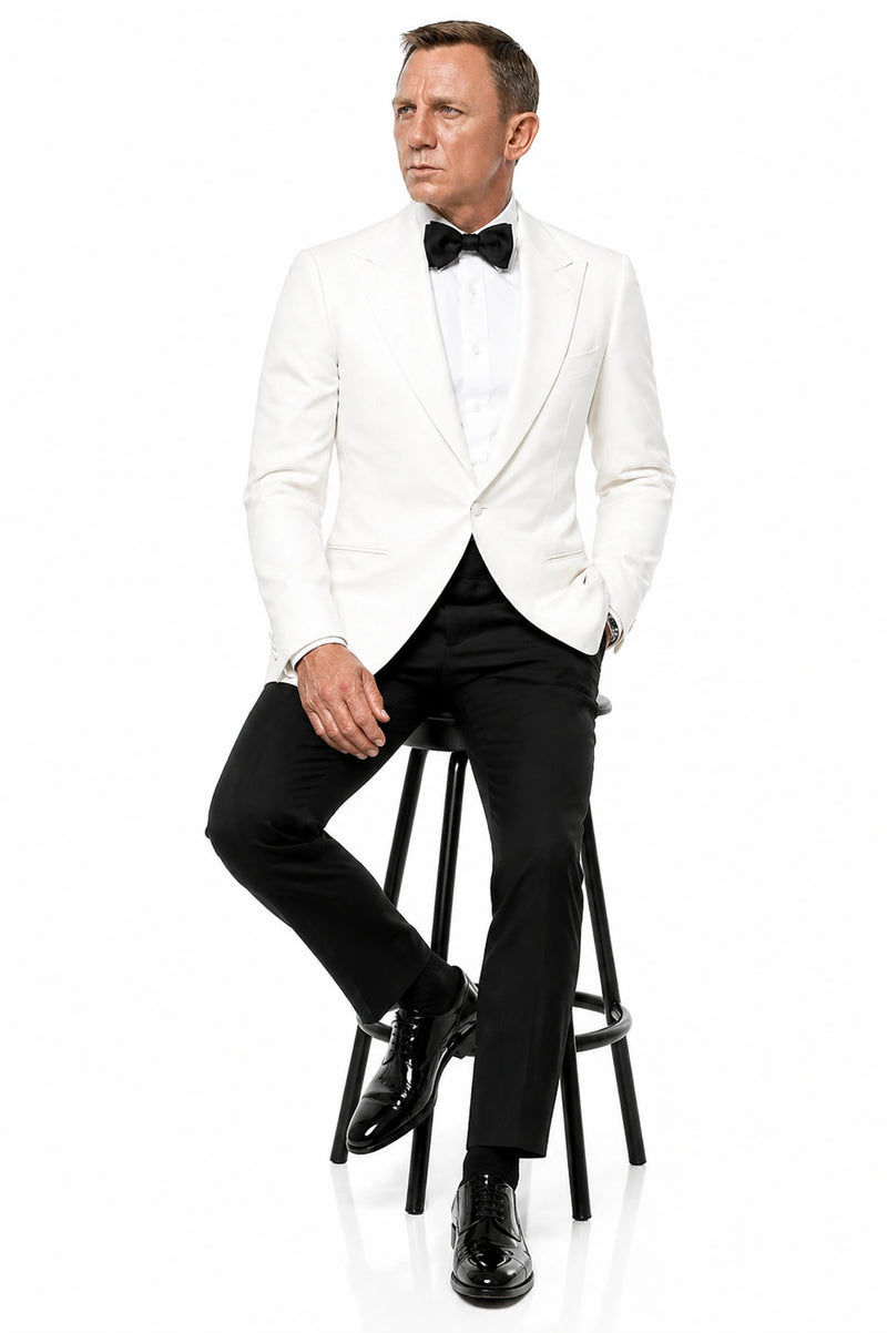 Men’s Pure White Dinner Jacket Blazer – James Bond Style Formal Tuxedo Blazer for Wedding, Black Tie & Evening Wear