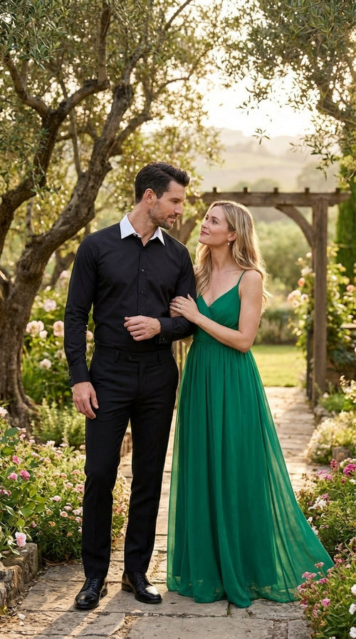 Mens Black Dress Shirt with White Contrast Collar | French Cuff Cotton Poplin Formal Button-Up Shirt