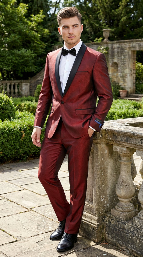 Men’s Shiny Burgundy Satin Tuxedo Jacket with Black Shawl Lapel | Formal Wedding & Prom Blazer - Sharkskin Fabric