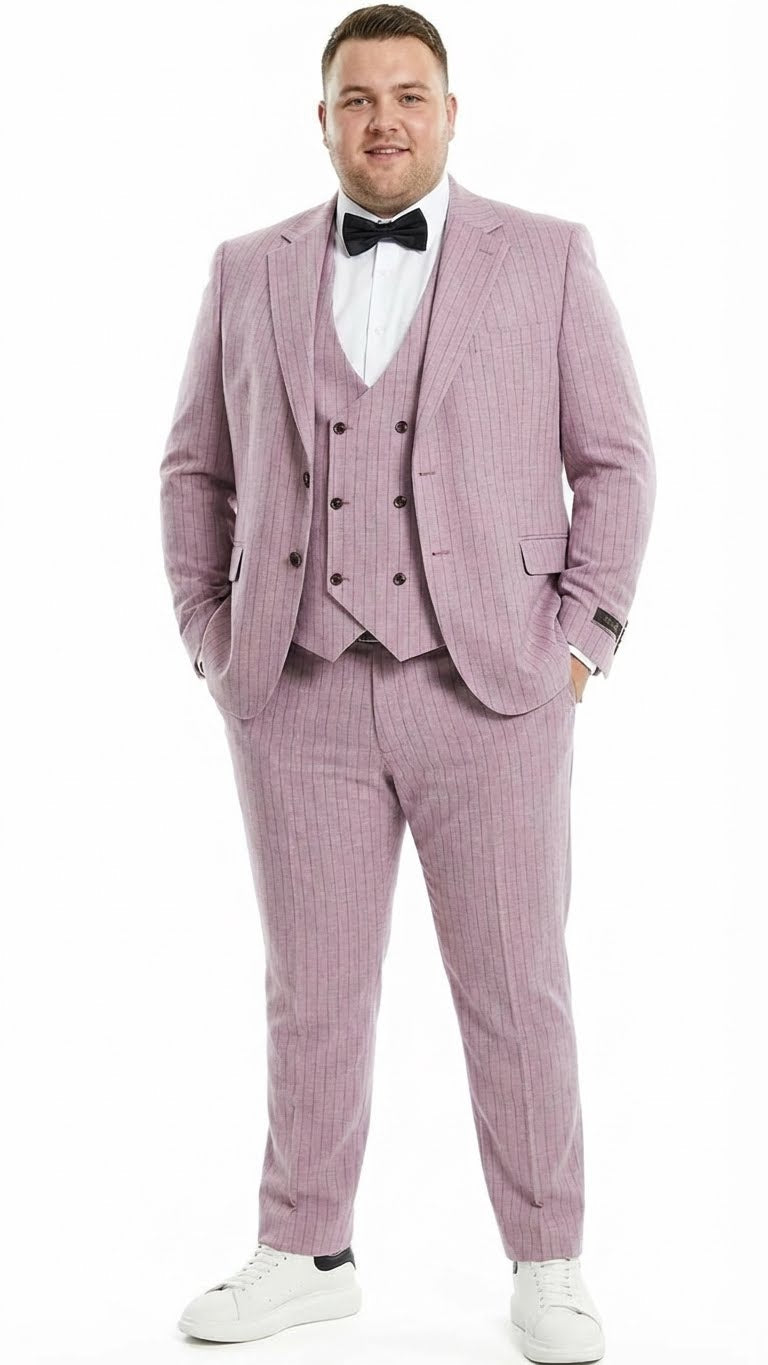 Men's dusty rose pink pinstripe three-piece suit. Includes a tailored jacket with notch lapels, a vest, and slim-fit trousers. Light pink shade with vertical pinstripes; smooth fabric.