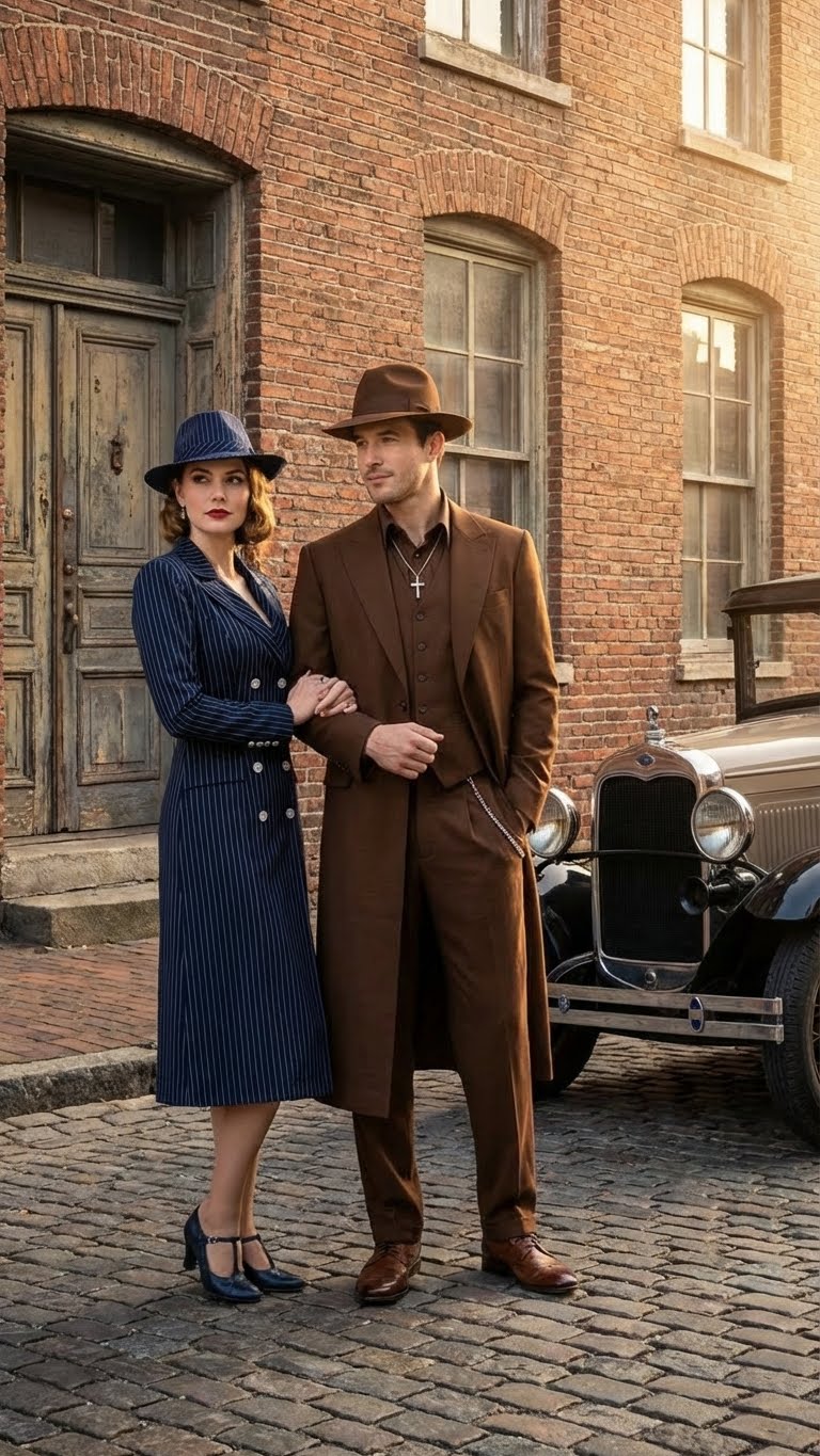 Alberto Nardoni men's brown 1920s zoot suit. Tailored jacket with strong shoulders, wide-legged trousers. Rich brown, textured fabric. Double-breasted jacket, elongated lapels, loose trouser fit.