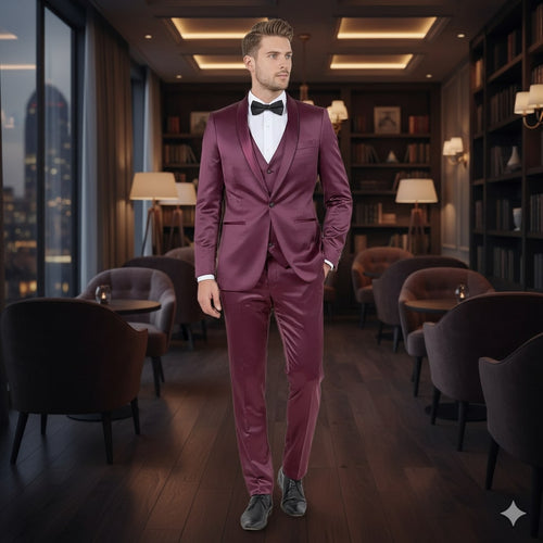 Men's slim-fit burgundy sateen tuxedo. Shiny finish, satin shawl lapel. Three-piece suit: jacket, trousers, and vest.