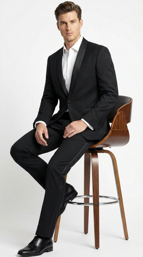 Tiglio Designer Men’s Black Single Button Tuxedo Suit – Formal Black Business and Wedding Suit Shawl Collar Super 150's Wool Fabric