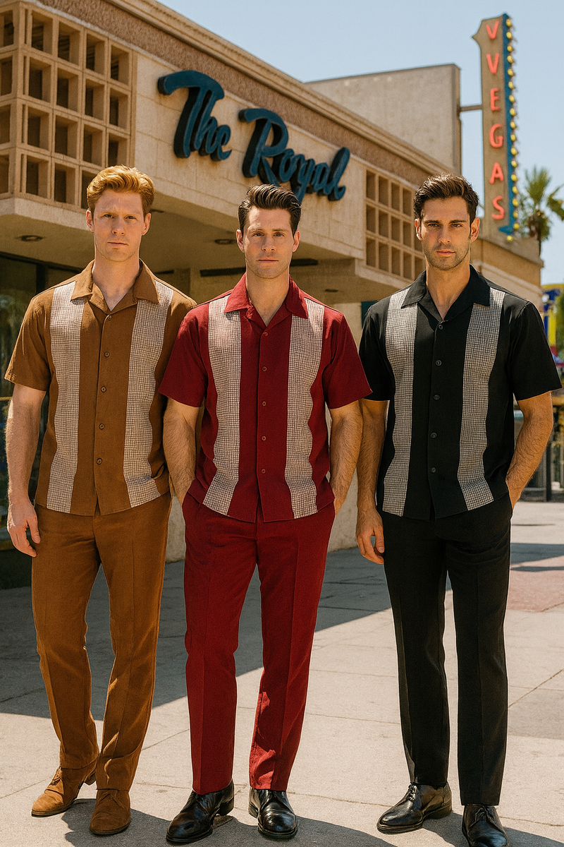 Men's cognac tan two-piece set. Short-sleeve button-up shirt with a straight collar and matching fitted, tapered pants. Smooth fabric with a solid, coordinated color.