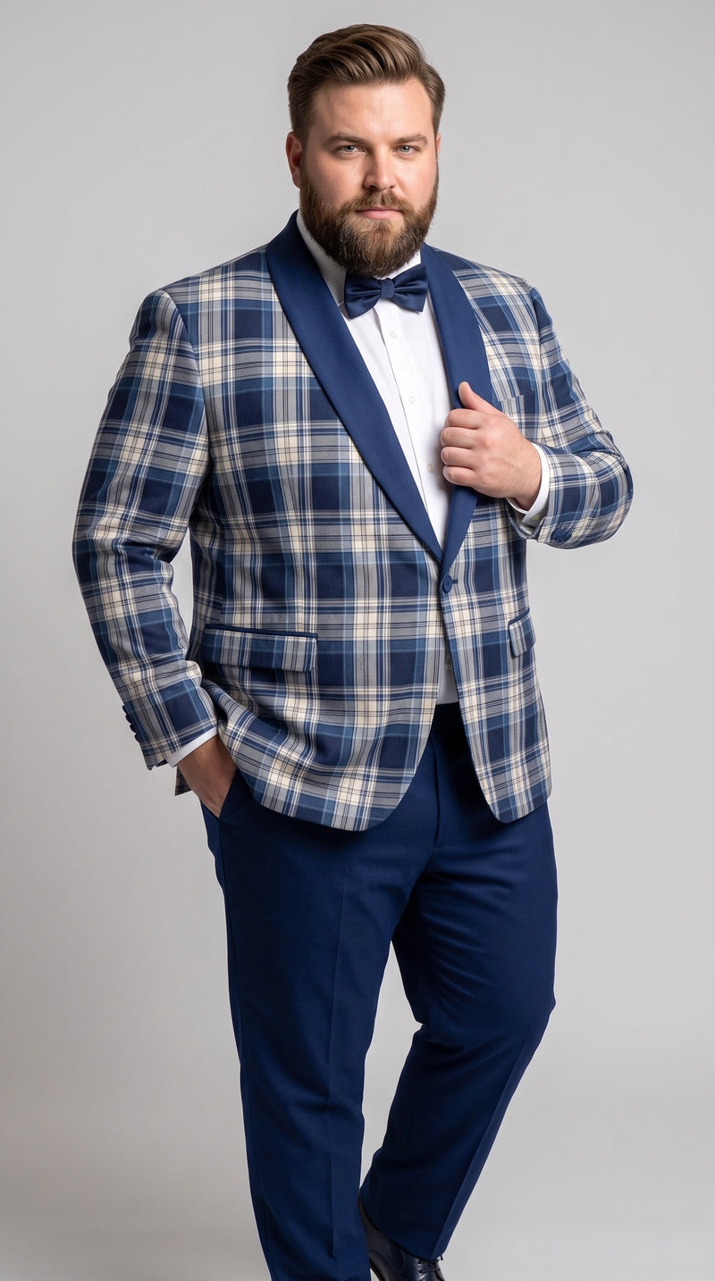 Men’s Tartan Blue Plaid and Solid Blue Tuxedo – Modern Check Pattern Formal Suit for New Year - Christmas - Holiday Jacket with Pants