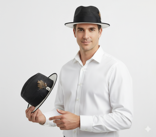 Menâs Two-Tone Black and White Fedora Hat with Feather Accent â Stylish Summer Dress Hat