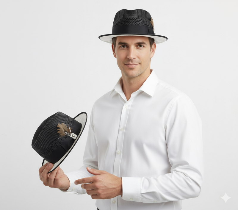 Menâs Two-Tone Black and White Fedora Hat with Feather Accent â Stylish Summer Dress Hat