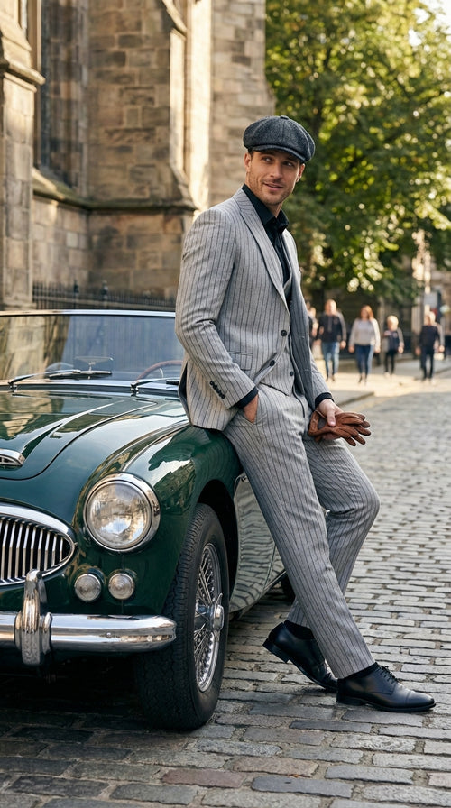 Men's Light Gray Pinstripe 3 Piece Suit – Peaky Blinders Inspired Vintage Gangster Style Formal Suit