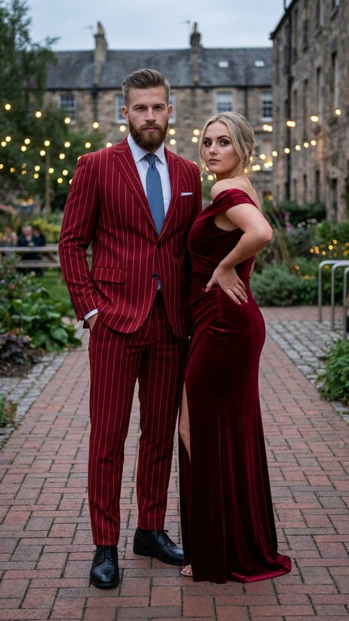 Red pinstripe suit: two-button jacket, notch lapels, matching trousers, and vest. Tailored, solid red fabric with vertical pinstripes. Close fit, structured silhouette.