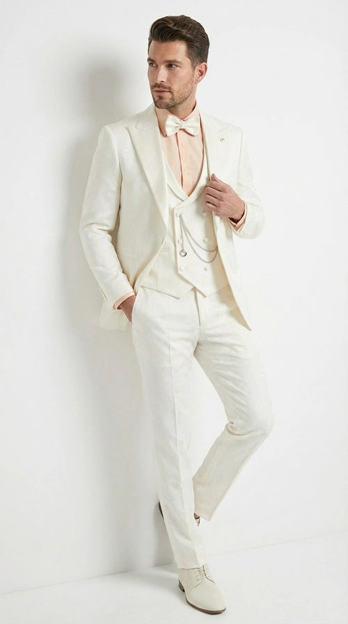 Vinci Men’s Ivory Three Piece Suit – Ivory 3PC Formal Wedding Suit for Groom, Prom and Black Tie Events