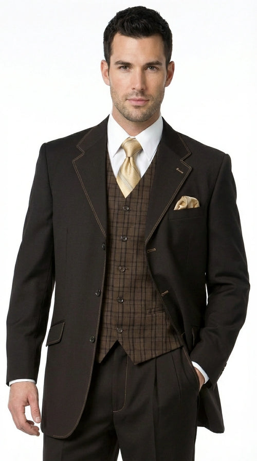Men’s Dark choclate Brown Three Buttons 3 Piece Suit – Classic Brown 3PC Wedding, Church and Business Formal Suit for Men
