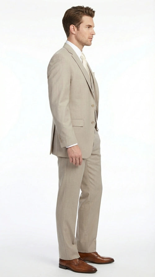 Men’s Tan Pinstripe Three Piece Suit – Classic Fit Pleated Pants Tan Sand Beige Wedding, Church Shadow Ton on Tone Business Suit for Men