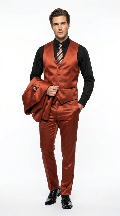 Menās Rust Copper Coganc Shiny Sateen 3 Piece Suit, Vested Formal Wedding Prom Suit Set Ultra Slim Fit