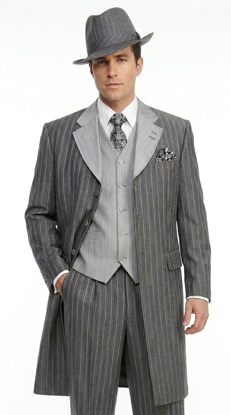 Men’s Grey Pinstripe Zoot Suit 3 Piece – 1920s Gangster Vintage Wide Lapel Suit with Vest for Wedding, Party