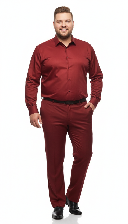 Men's red satin dress shirt. Long sleeves, standard collar, and buttoned front. Sleek, smooth texture. Perfect for formal events.