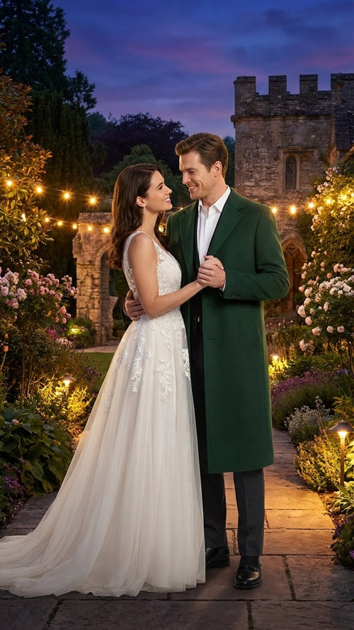 Men's hunter green wool overcoat. Full-length, tailored silhouette with notched collar and open front (no buttons). Smooth texture. Extends below the knees.