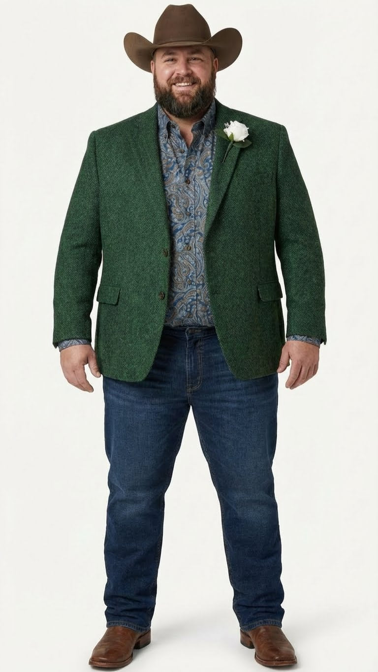 Mens Green Western Blazer Jacket – Classic Cowboy Style Sport Coat for Tweed Herringbone Country Look
