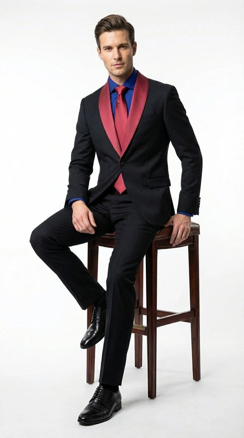 Men’s Black Suit with Burgundy Shawl Lapel – Formal Tuxedo Suit for Wedding, Prom and Evening Events + Bowtie & Tie