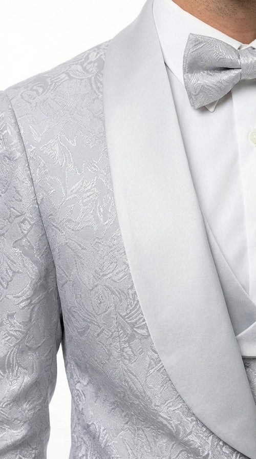 Mens Light Silver Wedding Tuxedo Suit – Paisley Fabric Three Piece Formal Suit Set with Shawl Lapel for Groom, Prom, Gala and ice Grey