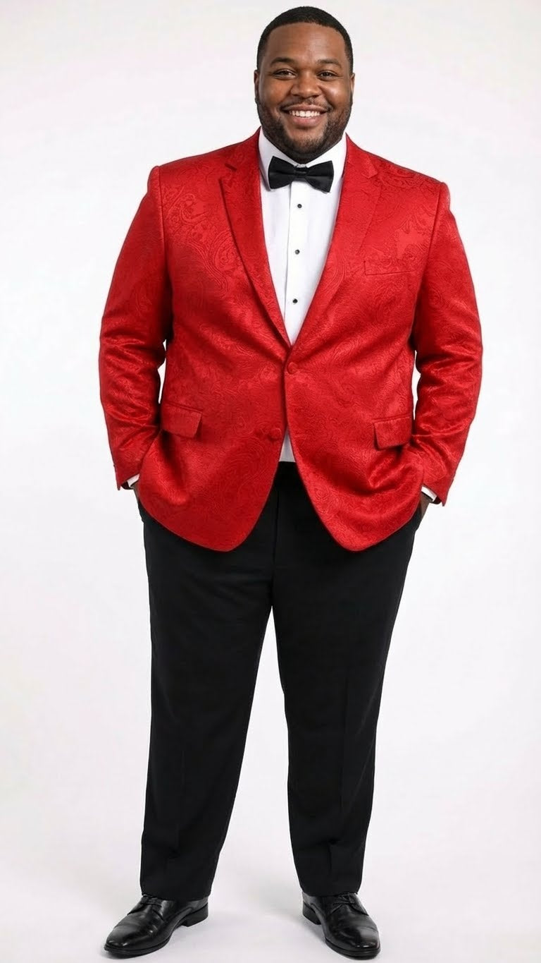 Men's red paisley velvet blazer: fitted, single-breasted, two pockets. Features a textured paisley pattern. Bright red color, center-fastened. Includes a classic black bow tie.