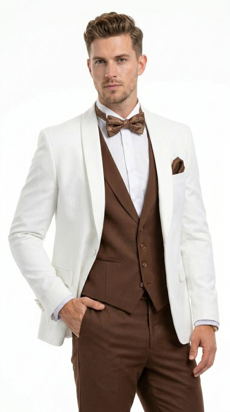 Men’s Ivory and Brown 3 Piece Suit – Elegant White Blazer with Brown Vest and Trousers for Wedding, Prom and Formal Events in off White Cream + Bowtie