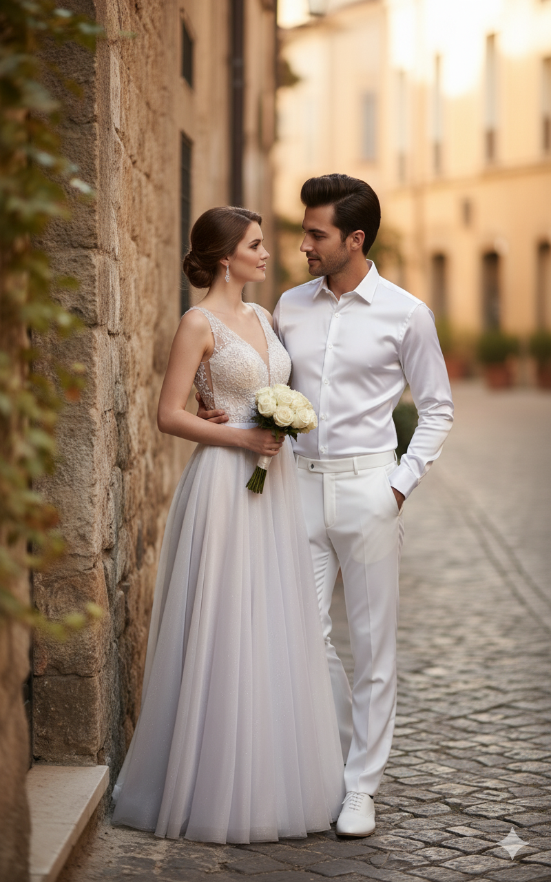 Men's white satin dress shirt. Long sleeves, classic collar, button-up front. Smooth, shiny fabric for a formal, elegant look. Ideal for special occasions.