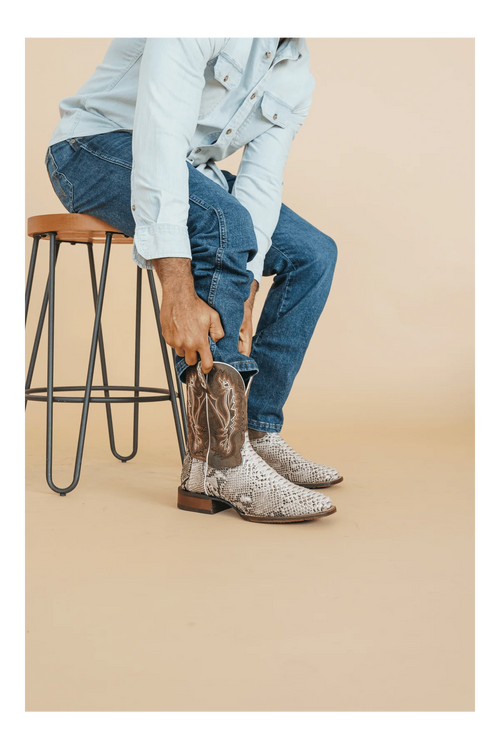 Dan Post Men's Brutus boots: Natural snakeskin texture, square toe, brown decorative stitching. Low heel for a structured silhouette.