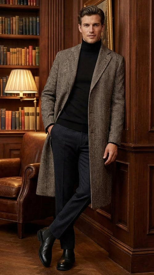 Men's black & grey herringbone tweed overcoat. Long, structured silhouette with tailored fit. Features fitted collar, button closure, and contrasting textures. Lined for comfort and enhanced formality.