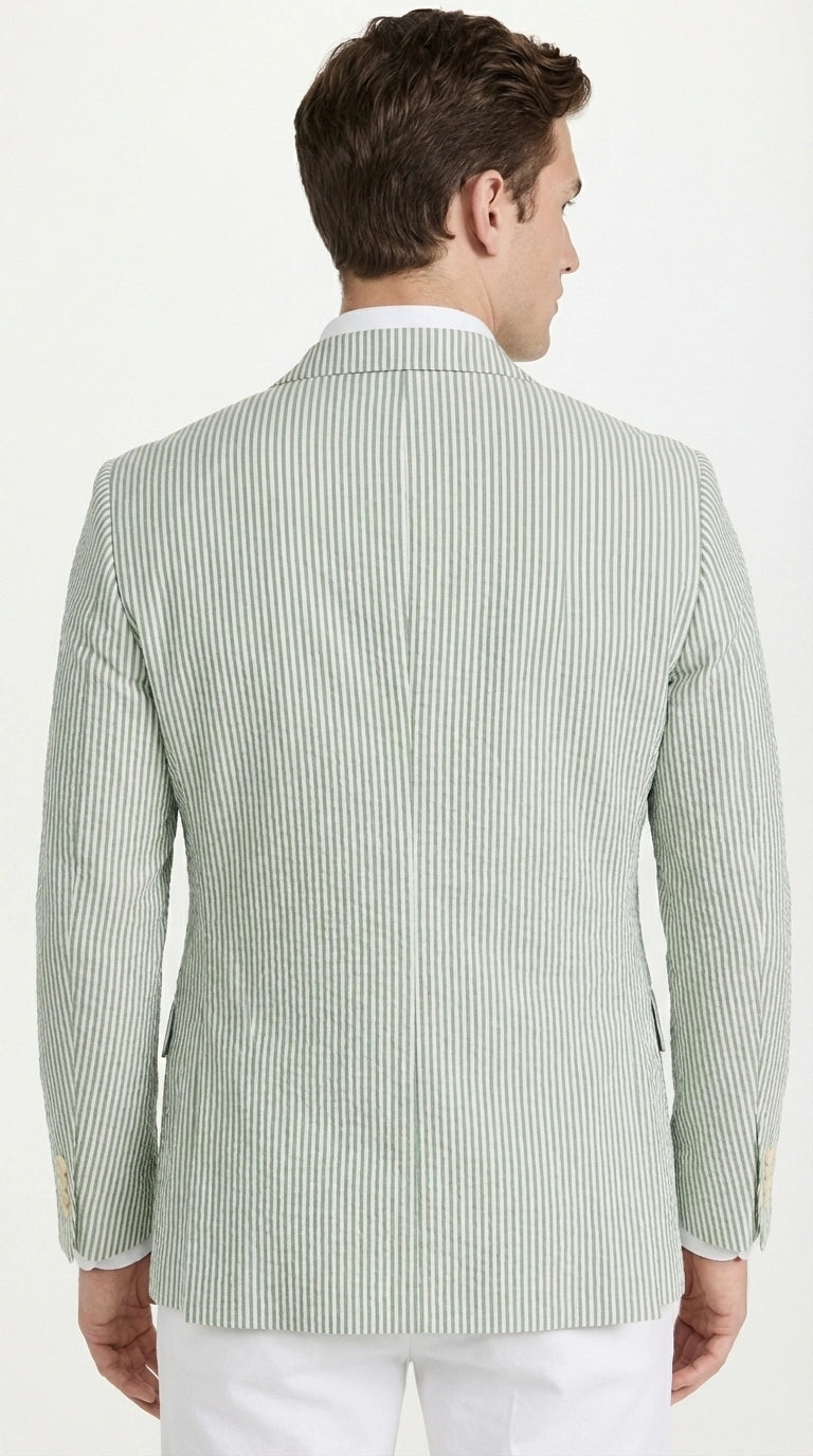 Mens Sage Green Seersucker Blazer – Lightweight Striped Summer Sport Coat Casual Smart Formal Jacket
