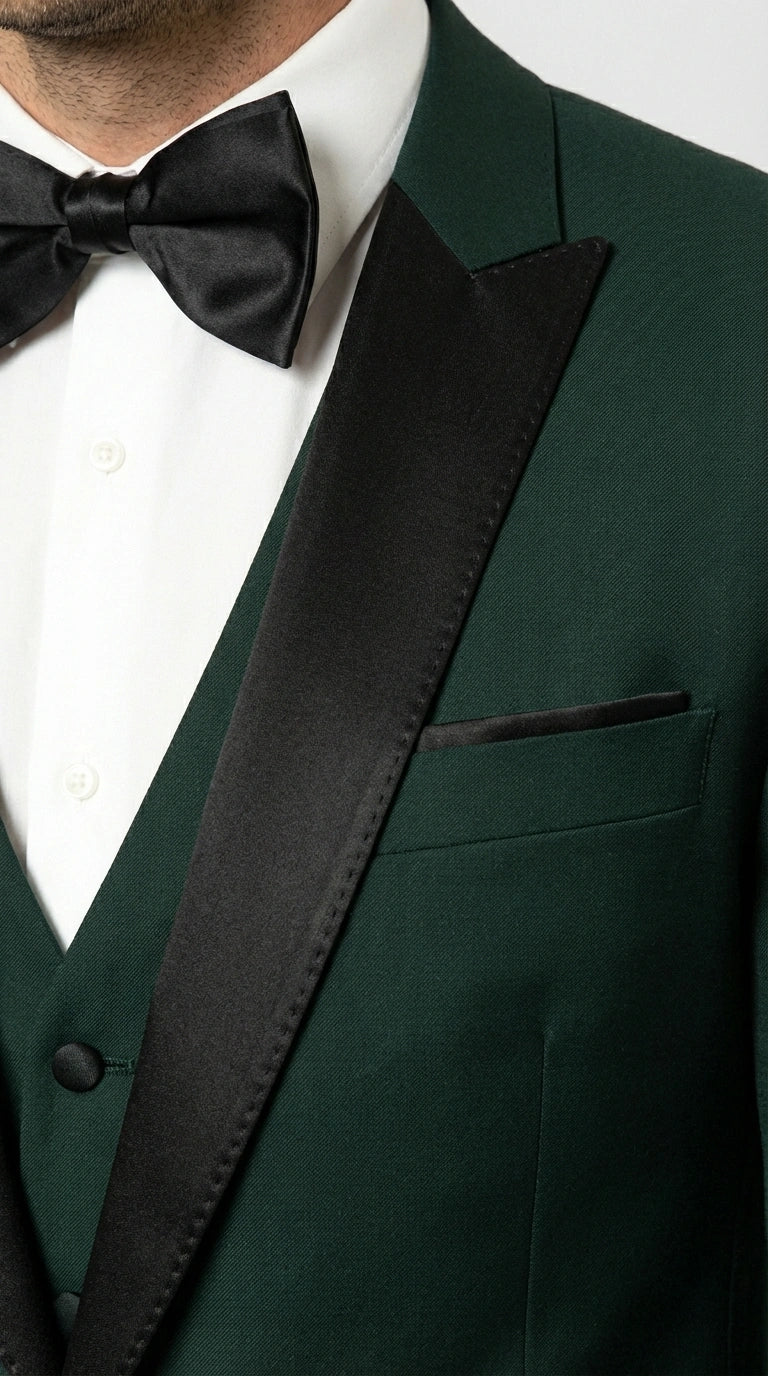 Men’s Hunter Green Tuxedo Suit 3 Piece – One Button Peak Lapel Designer Formal Suit for Wedding, Light Weight Wool By Statement Dark Green