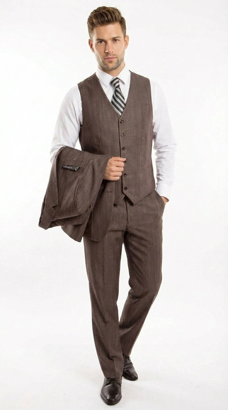 Men’s Brown Sharkskin 3 Piece Suit – Textured Two Button Vested Business Formal Suit for Wedding, Party Wear Vested