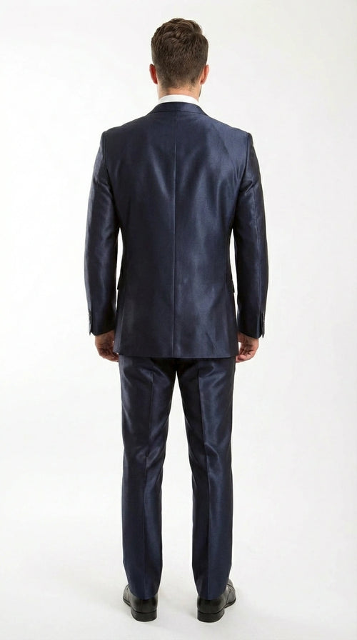 Men’s Navy Blue Sharkskin 3 Piece Suit – Two Button Vested Shiny Formal Suit for Wedding, Prom, Business and Party Wear