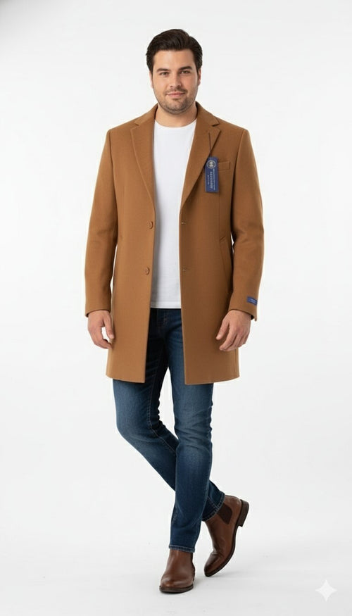 Men’s Camel Brown Wool Top Coat – Classic Long Overcoat for Formal and Casual Wear in rust copper