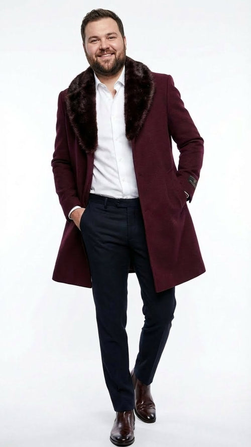Men's burgundy three-quarter coat with faux fur collar and side pockets. Smooth, solid fabric with a tailored, formal silhouette.