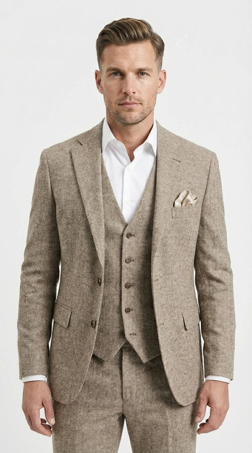 Men’s Light Beige Herringbone Tweed Suit with Vest – Classic Three Piece Formal Suit, Vintage Business Wedding Outfit, Elegant Smart Casual Attire