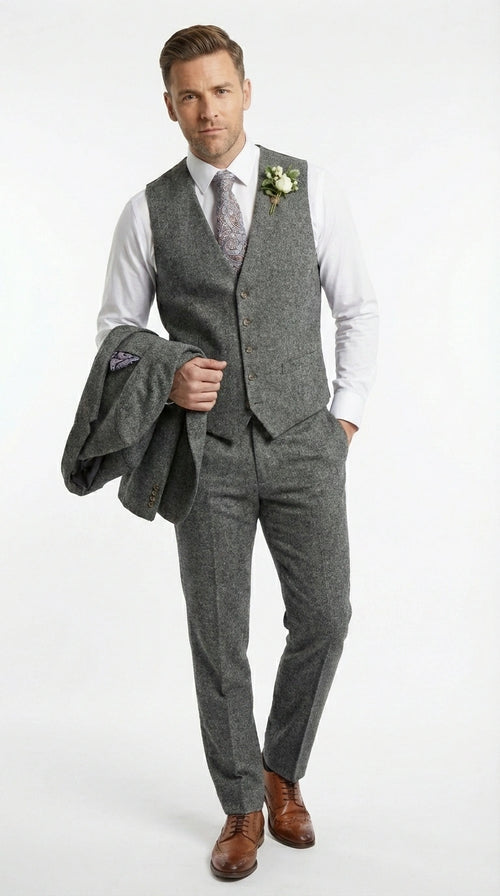 Men’s Peaky Blinder Light Grey Tweed Suit with Vest – Classic Three Piece Formal Suit, Vintage Wedding Business Outfit