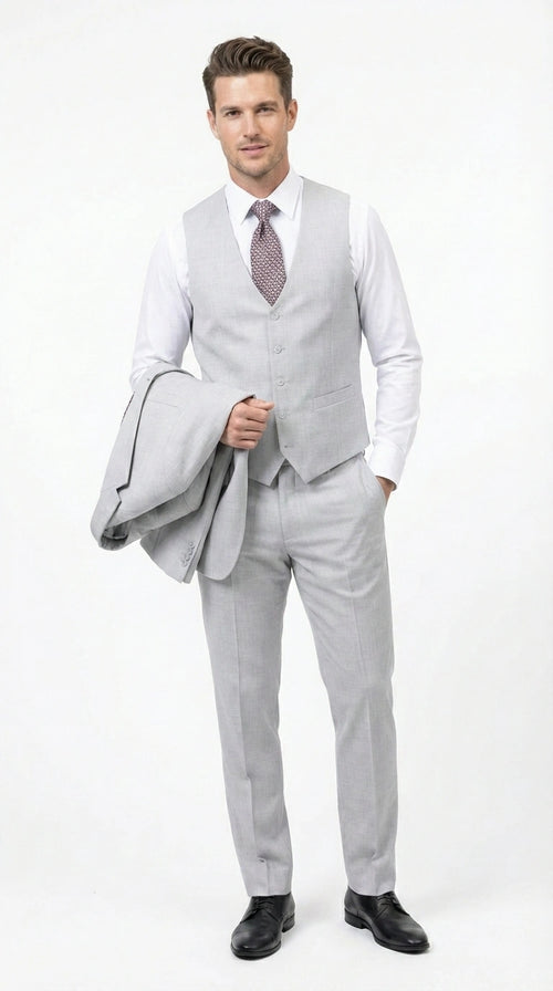 Men’s Light Grey Sharkskin 3 Piece Suit – Two Button Vested Modern Formal Business Suit for Wedding in silver Ice Gray