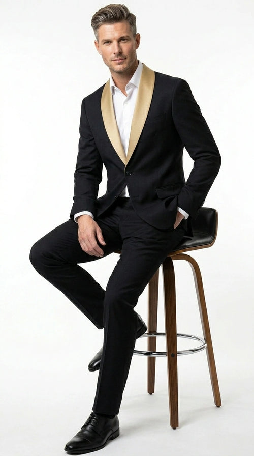 Men’s Black Suit with Gold Lapel – Luxury Formal Tuxedo Style Suit for Wedding, Prom, Party and Evening Wear
