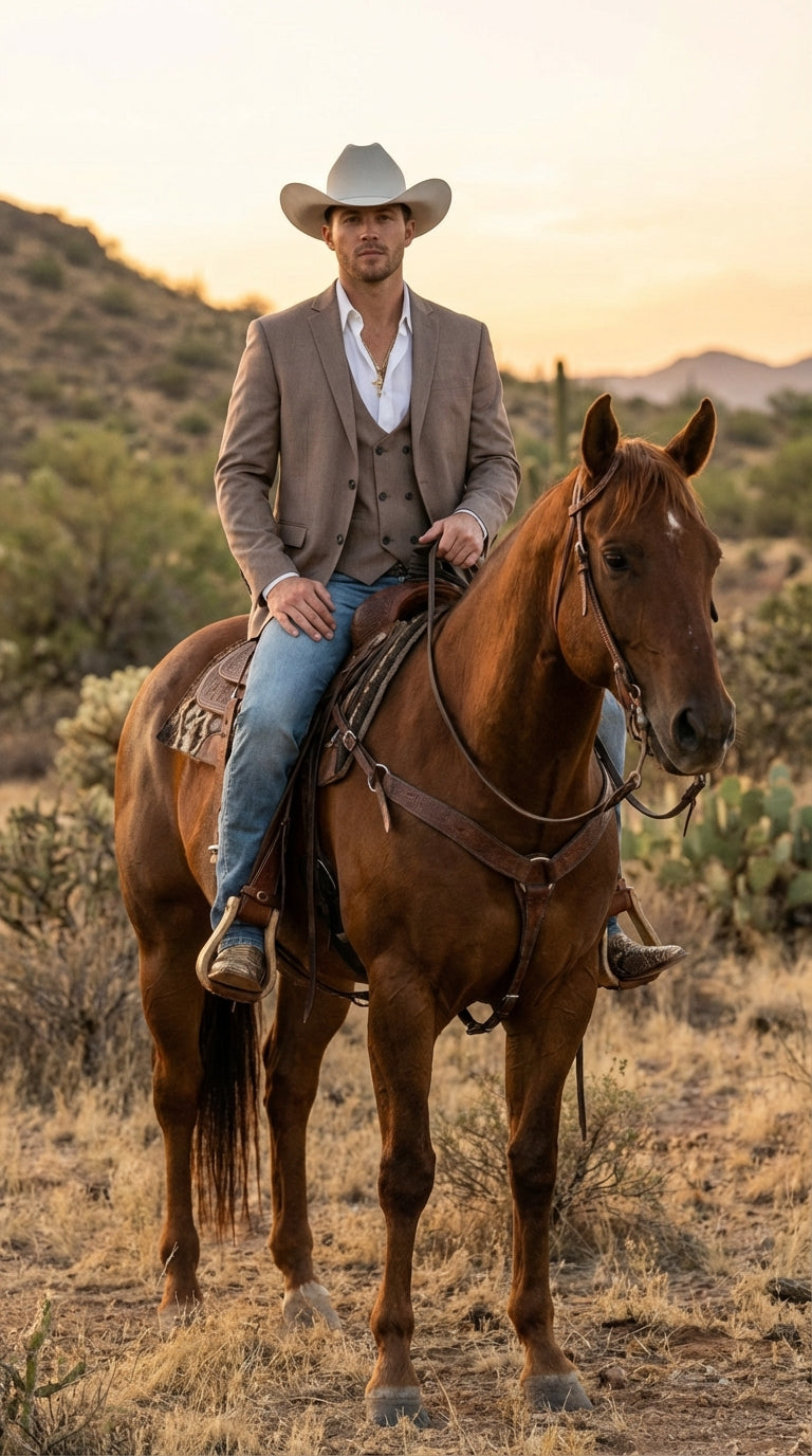 Men’s Beige Cowboy Blazer with Double breasted Vest – Western Two Piece Suit Pants included