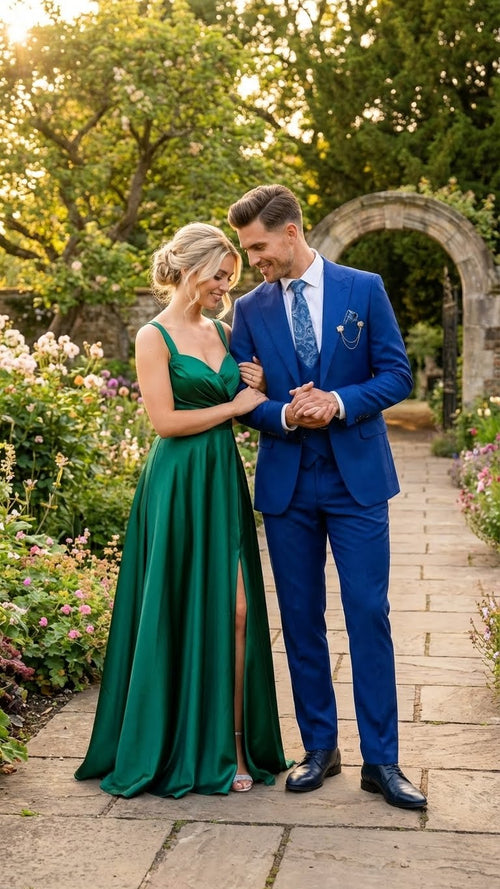 Alberto Nardoni men's three-piece suit: royal blue, fitted jacket with notched lapel, matching tailored trousers, and vest. Smooth, slightly shiny fabric. Traditional formal style.