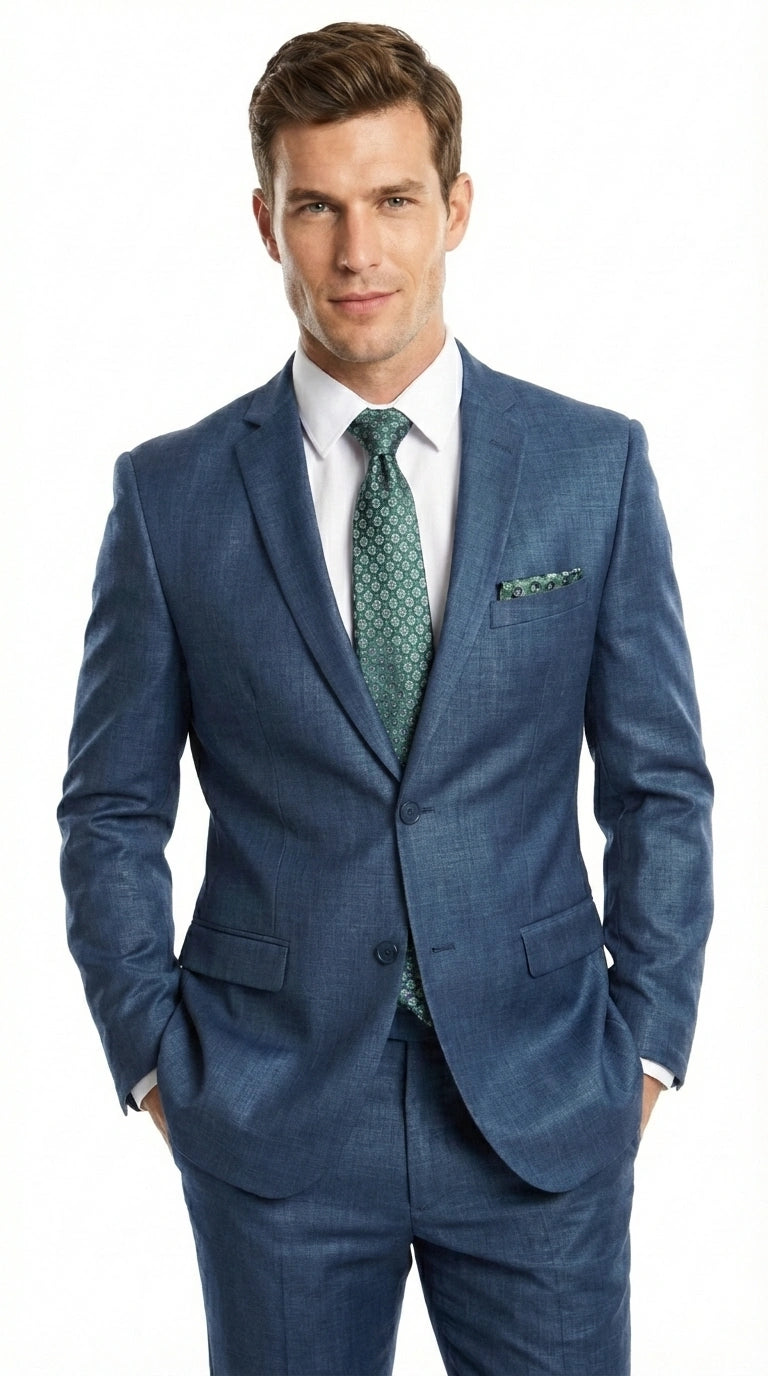 Men’s Indigo Blue Sharkskin Suit – Textured Shiny Formal Suit for Wedding, Business, 2 Buttons Slim Fitted