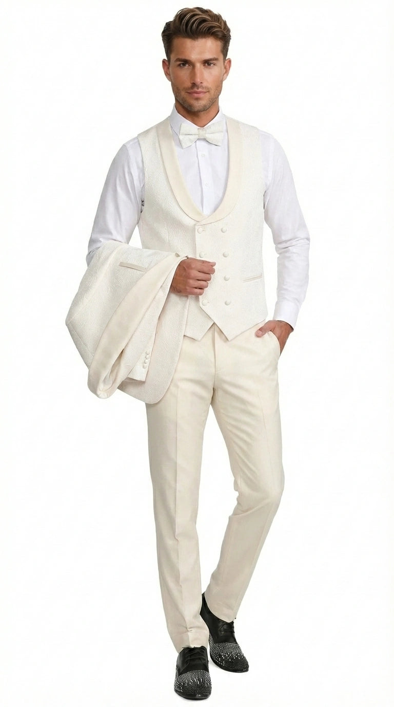 Men’s Ivory Paisley Tuxedo Suit 3 Piece – One Button Vested Satin Formal Suit for Wedding in Off white Cream Color