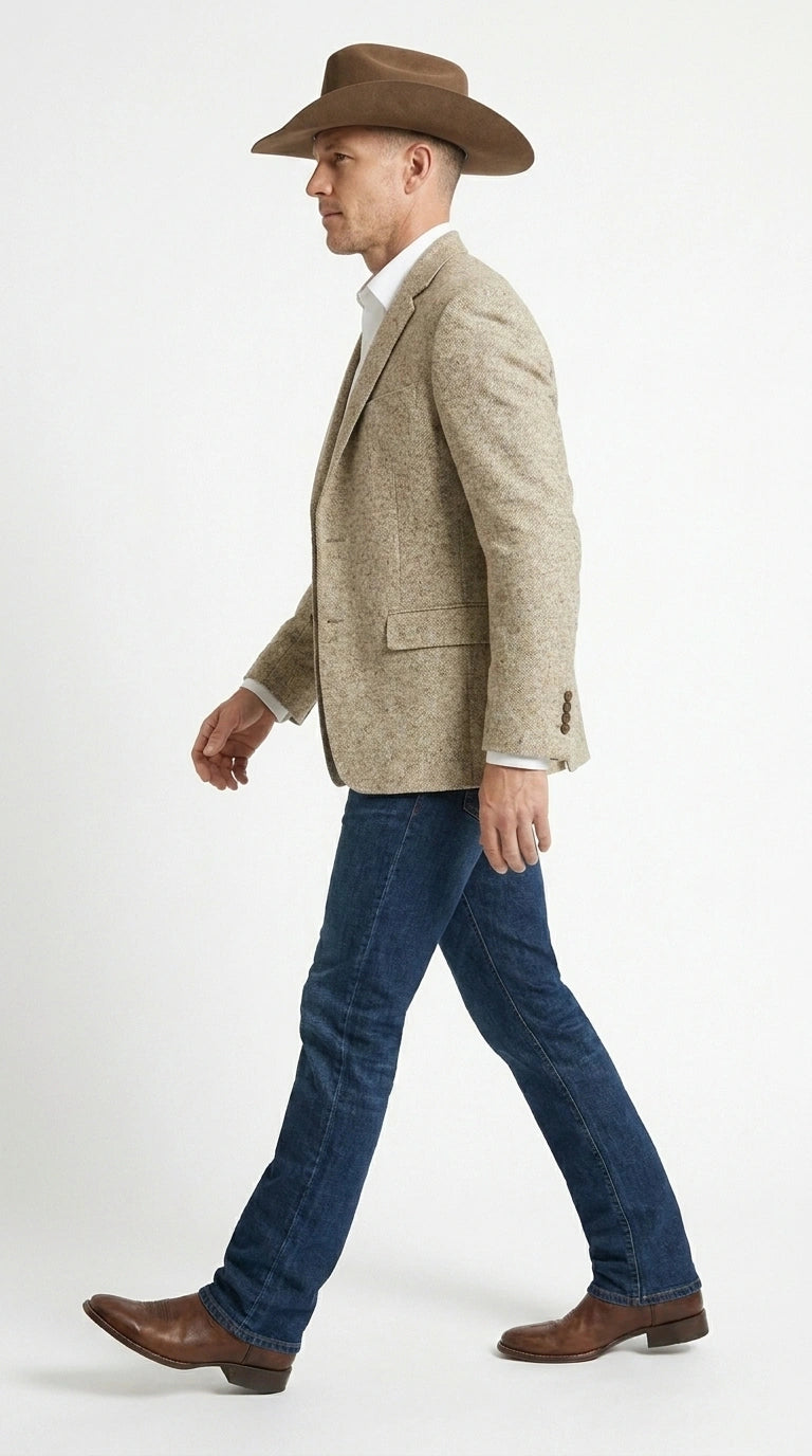 Men’s Light Tan Sand Tweed Cowboy Blazer – Country Style Western Jacket for Casual, Ranch, Saco Para Vaquero
