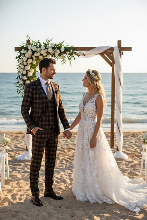 Men’s Brown Plaid Windowpane Three-Piece Suit Set – Classic Slim Fit Jacket, Double-Breasted Vest and Modern Fit Pants By Rossiman