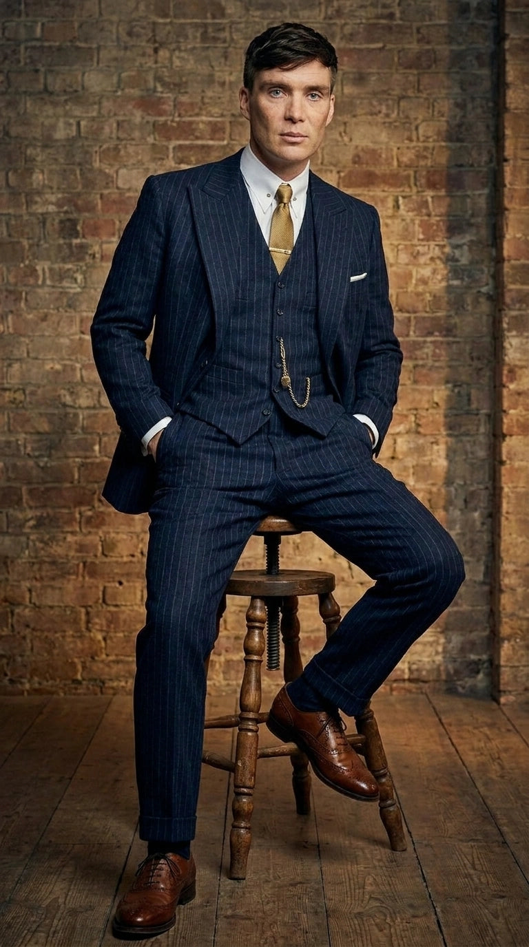 Men’s Navy Blue Pinstripe 3 Piece Suit, Thomas Shelby Inspired Vintage Formal Suit for Weddings, Parties, Prom, and Special Events