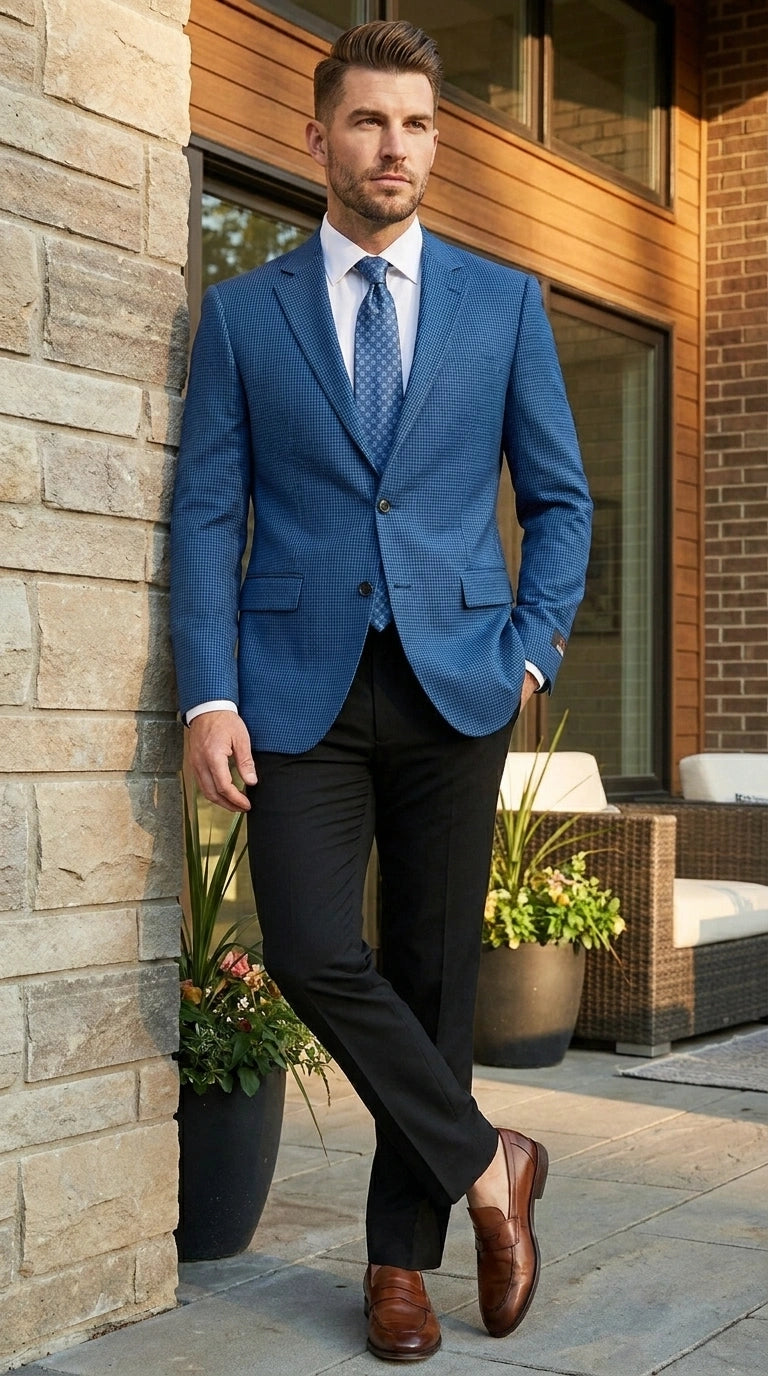 Men’s Blue Houndstooth Blazer Jacket, Check Pattern Formal Sport Coat for Weddings, Prom, Parties, and Special Occasions