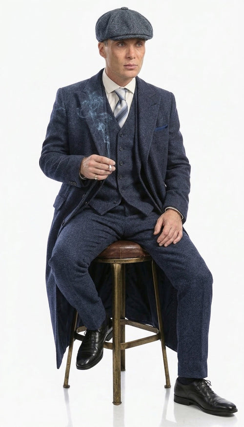 Men’s Navy Blue Herringbone Tweed 1920s 3 Piece Suit with Overcoat – Vintage Peaky Blinder Style Formal Suit Set with Blazer, Waistcoat + Overcoat + Hat