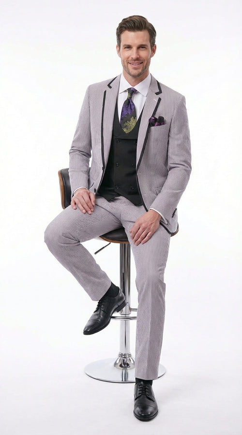 Mens Black and White Pinstripe Wedding Tuxedo Suit – Three Piece Formal Suit Set with Contrast Trim for Groom, Prom - Seersucker Summer Suit